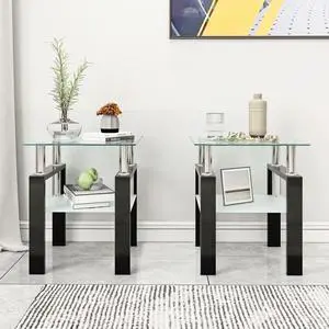 Set of 2, Modern Tempered Glass Tea Table Coffee Table End Table, Square Table for Living Room, Transparent/Black Set of 2, Modern Tempered Glass Tea Table Coffee Table End Table, Square Table for Living Room, Transparent/Black