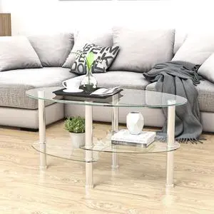 Transparent Oval glass coffee table, modern table with stainless steel leg, tea table 3-layer glass table for living room Transparent Oval glass coffee table, modern table with stainless steel leg, tea table 3-layer glass table for living room
