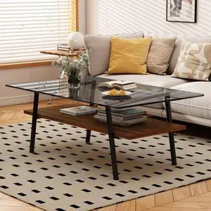 Rectangle Coffee Table, Tempered Glass Tabletop with Black Metal Legs, Modern Table for Living Room , Gray Glass Rectangle Coffee Table, Tempered Glass Tabletop with Black Metal Legs, Modern Table for Living Room , Gray Glass