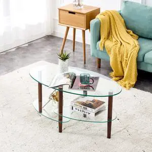 Transparent Oval glass coffee table, modern table in living room Oak wood leg tea table 3-layer glass table Transparent Oval glass coffee table, modern table in living room Oak wood leg tea table 3-layer glass table
