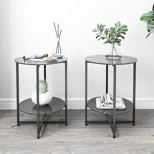 2-piece set (Black) Tempered Glass End Table, Round Coffee Table for Bedroom Living Room Office 2-piece set (Black) Tempered Glass End Table, Round Coffee Table for Bedroom Living Room Office