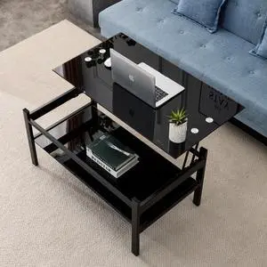 Glass Lift Top Coffee Table, Modern Simple 2-Layer Tempered Glass Coffee Table for Living Room, Black Glass Lift Top Coffee Table, Modern Simple 2-Layer Tempered Glass Coffee Table for Living Room, Black