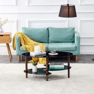 Black Oval glass coffee table, modern table in living room Oak wood leg tea table 3-layer tempered glass table Black Oval glass coffee table, modern table in living room Oak wood leg tea table 3-layer tempered glass table
