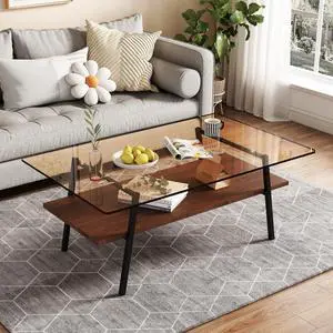 Rectangle Coffee Table, Tempered Glass Tabletop with Black Metal Legs, Modern Table for Living Room , Brown Glass Rectangle Coffee Table, Tempered Glass Tabletop with Black Metal Legs, Modern Table for Living Room , Brown Glass