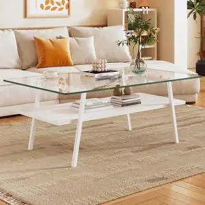 Rectangle Coffee Table, Tempered Glass Tabletop with White Metal Legs, Modern Table for Living Room , Transparent Glass Rectangle Coffee Table, Tempered Glass Tabletop with White Metal Legs, Modern Table for Living Room , Transparent Glass