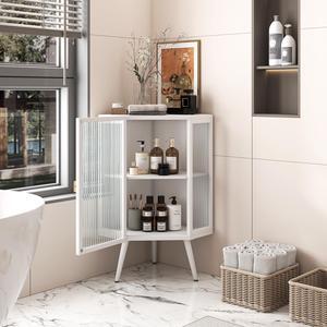 22.25 " Floor Coner Cabinet with Tempered Glass Door & Storage Shelves for Bathroom, Living Room, Bedroom (White)