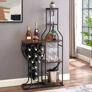11 Bottle Wine Bakers Rack, 5 Tier Freestanding Wine Rack with Hanging Wine Glass Holder and Storage Shelves, Wine Storage Home Bar for Liquor and Wine Storagefor Kitchen, Dining Room