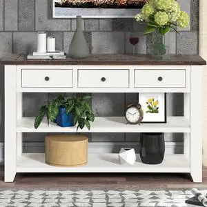 48'' Solid Pine Wood Top Console Table, Modern Entryway Sofa Side Table with 3 Storage Drawers and 2 Shelves. Easy to Assemble (Antique White+ Brown Top)