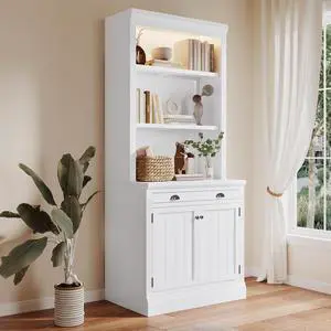 83.4"Tall Bookshelf with LED Lighting, Modern Bookcase with 2 Doors and 1 Drawer,Storage Bookcase with Open Shelves for Living Room,Home Office,White