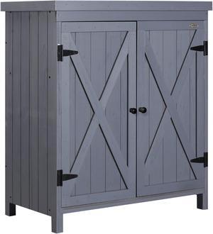 Garden Storage Cabinet, Outdoor Tool Shed with Galvanized Top and Two Shelves for Yard Tools or Pool Accessories, Grey