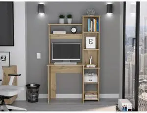 Desk, Five Shelves, Two Superior Shelves, Light Oak