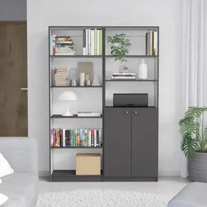 Layton 2 Piece Home Bookcase set, 49" Wide with 8 Shelves and Double Door Cabinet, Living Room Set Matte Gray - White