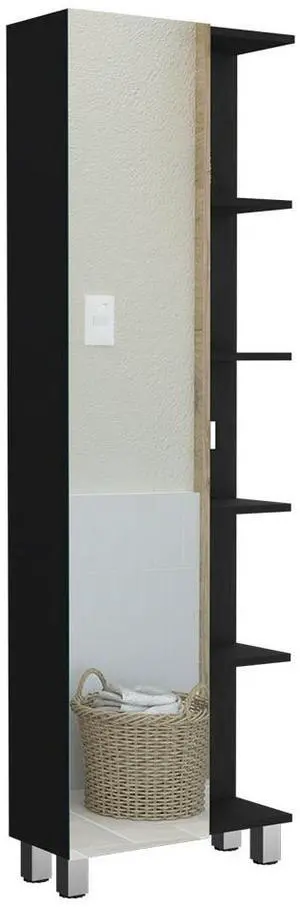 Urano Mirror Linen Cabinet, Four Interior  Shelves, Five External Shelves -Black