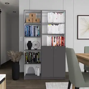 Micco 2 Piece 2 Piece Home Bookcase set, 42" Wide  with 8 Shelves and Double Door Cabinet, Living Room Set Matte Gray - White