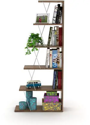 Furnish Home Store Modern 5 Tier Ladder Bookshelf Organizers, Narrow Bookshelf for Small Spaces Office Furniture Bookcase ,Walnut/Chrome