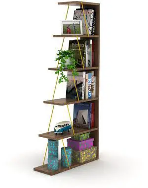 Furnish Home Store Modern 5 Tier Ladder Bookshelf Organizers, Narrow Bookshelf for Small Spaces Office Furniture Bookcase,Walnut/Yellow