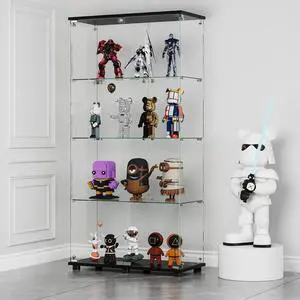 Glass Display Cabinet with 4-Shelf Double Doors and Lock, Curio Cabinet 5mm Tempered Glass Floor Standing Bookshelf for Living Room, Bedroom, Office, 64 x 31.7 x 14.3 in, Black