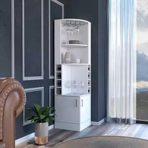Corner bar cabinet 71" H, with two shelves at the top, 1 glass holder, 8 exterior bottle racks, 1 central shelf and a lower drawer with 2 side doors, white