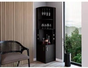 Corner bar cabinet 71" H, with two shelves at the top, 1 glass holder, 8 exterior bottle racks, 1 central shelf and a lower drawer with 2 side doors, black