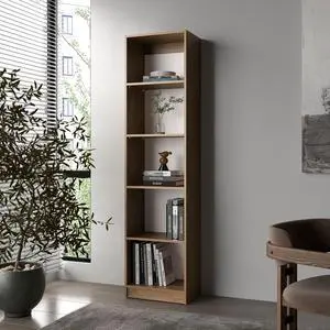 Natural Oak and White 5-Shelf Bookcase with Open Storage