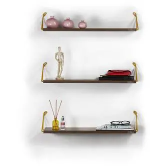 Altai Floating Wall Decor Wall Mounted Rustic Decorative Hanging Metal Bracket Triple Shelfs for Books, Walnut/Yellow