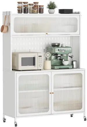 Kitchen Pantry Cabinet, Tall Storage Cabinet with Glass Doors & Adjustable Shelves, Cabinet Cupboard for Kitchen, Living Room, Dinning Room, White