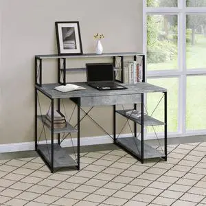 Grey and Black Office Desk with Open Shelves and Hutch