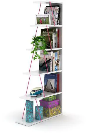 Furnish Home Store Modern 5 Tier Ladder Bookshelf Organizers, Narrow Bookshelf for Small Spaces Office Furniture Bookcase ,White/Pink