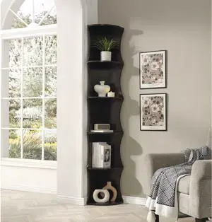 Five shelf corner bookcase rounded shelf fronts quarter circle red cocoa color