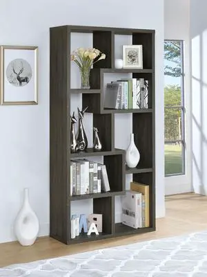 Geometric bookcase Seven (7) Shelves Storage Shelf Solid Wood Furniture 1pc Weathered Gray Finish