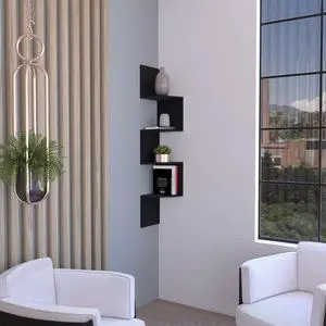 Roy Corner Floating Shelf, Modern 4-Tier Display, Black