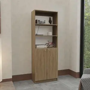 Home 2-Door Bookcase, Modern Storage Unit With Dual Doors And Multi-Tier Shelves, Natural Oak