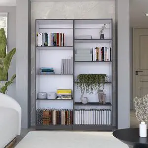 2 Piece Bookcase Living Room Set,  Storage Cabinet, 49" Wide and 9 Shelves Matt Gray / White