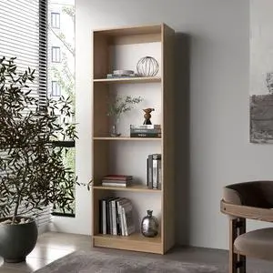 Natural Oak and White 4-Shelf Flat Bookcase with Open Storage