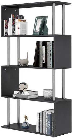 Modern S-Shaped 5 Tier Room Dividing Bookcase Wooden Storage Display Stand Shelf - Black