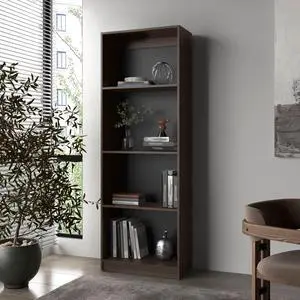 Stained Walnut Flat Bookcase with Open Storage and 4 Shelves