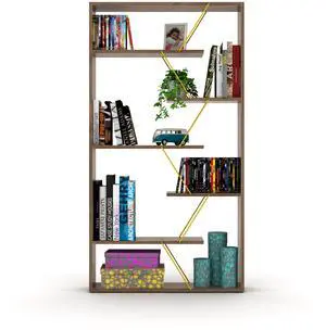 Furnish Home Store Wood Frame Etagere Open Back 6 Shelves Bookcase Industrial Bookshelf for Office and Living Rooms Modern Bookcases Large Bookshelf Organizer, Walnut/Yellow