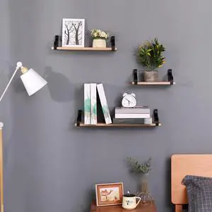 Floating Shelves, Long Wall Shelves Set of 3, Wall Mounted Shelves with Brackets for Bedroom, Living Room, Kitchen, Bathroom  Natural Wood