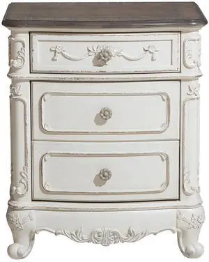Victorian Style Antique White and Oak Finish Nightstand of 3-Drawer 1pc Carving Design Classic Traditional Bedroom Furniture