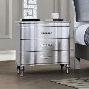 Glam Stylish Modern Silver 1pc Nightstand Solidwood Turned Wood Leg Curved Front Panels Bedroom Furniture Bedside