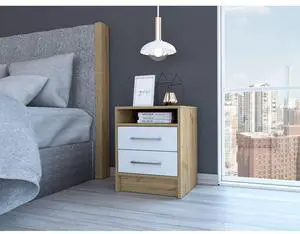 Eter Nightstand , End Table, Side Table Superior Top, Two Drawers -White / Light Oak
