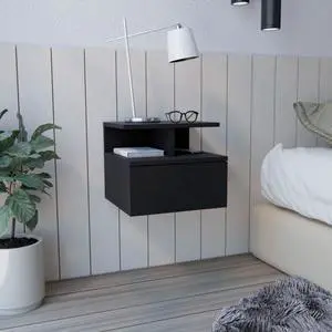 Adele Floating Nightstand , End Table, Side Table Drawer, Open Top Shelves -Black