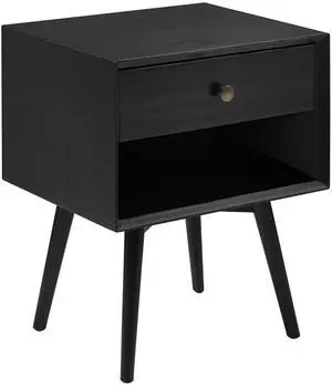 Mid-Century Modern Single-Drawer Solid Wood Nightstand - Black