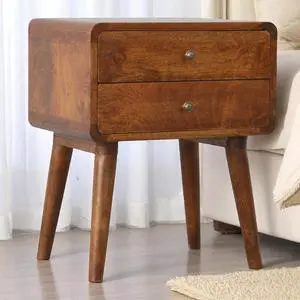 Solid Wood Curved Chestnut nightstand, 2 drawers,Nordic-style legs, Brown