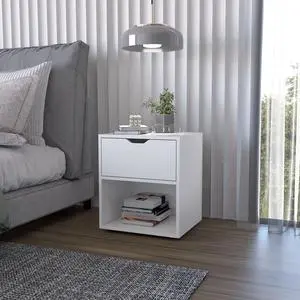 FM FURNITURE Elliott Nightstand with Elegant Drawer and Open Shelf, White