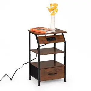 Rustic Nightstand, Bedside Table with Drawer and Shelves, USB Ports and Outlets, Remote Control, LED Lights, End Table for Bedroom Living Room, Office, Rustic Brown