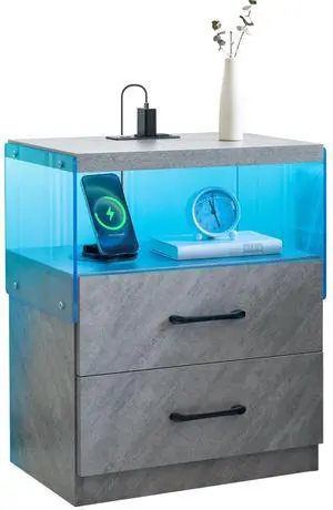 Nightstand with LED Lights, Adjustable Light Colors, Bedside Table, Side Table with 2 Drawers,Grey Nightstand with LED Lights, Adjustable Light Colors, Bedside Table, Side Table with 2 Drawers,Grey