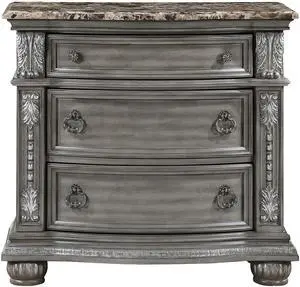 Traditional Style 1pc Luxurious Nightstand of 3 Drawers Marble Top Gray Finish Silver Tipping Wooden Bedroom Furniture