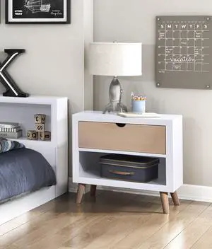 White and Natural Finish Drawer and Open Shelf Nightstand Bedroom Furniture 1pc