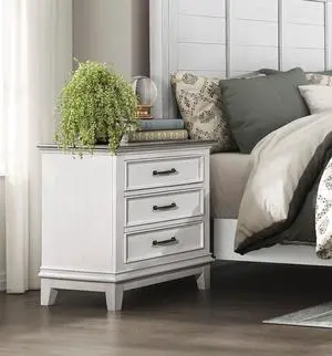 Classic Farmhouse Style 3-Drawer Nightstand 1pc Antique White and Dark Brown Wooden Bedroom Furniture, Power Outlet USB Charging Port
